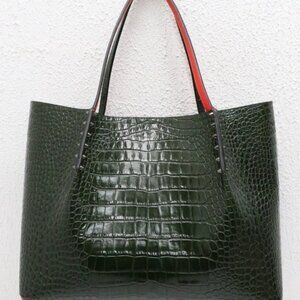 Christian Louboutin Calfskin Crocodile Embossed Spikes Large Cabarock Bag- Green